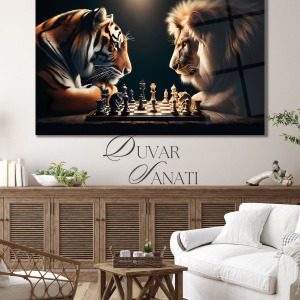 Aslan ve Kaplan Satranç Cam Tablo Modern Ev Ofis Salon Hediyelik Büyük Tablo Duvar Dekoru