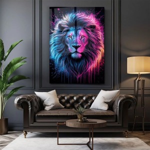 Cam Tablo Neon Kürklü Aslan - Duvar Dekorasyonu - Ev Dekorasyonu - Ofis Dekorasyonu DK