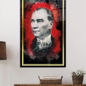 Gold Şeritli İmzalı Atatürk Portresi Cam Tablo, Darbelere Dayanıklı Kırılmaz Temperli