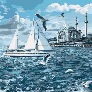  Yelken Martı ve Cami Sayılarla Boyama Seti  Kasnaklı  40 x 50