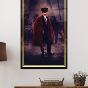 Gold Şeritli Mustafa Kemal Atatürk Portresi Cam Tablo, Darbelere Dayanıklı Kırılmaz Temperli
