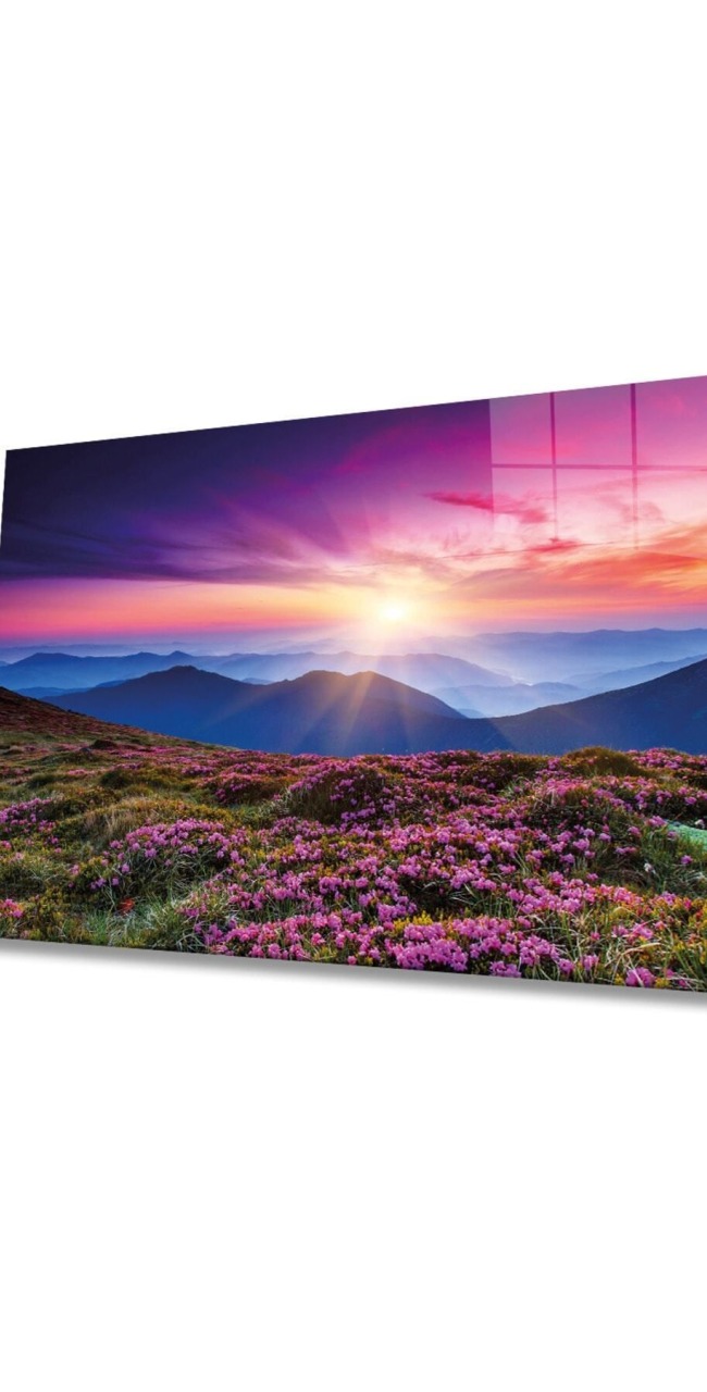 Pembe Dağ Manzarası Cam Tablo, Ev ve Ofis Duvar Dekoru, Hediyelik Büyük Temperli 4 mm Cam Tablo