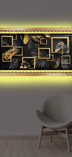 SİYAH GOLD KARELER YAPRAKLAR RUSTİK LEDLİ TABLO