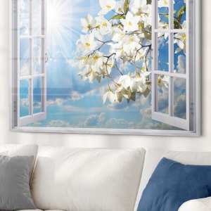 Pencere Ve Beyaz Çiçekler | Manzara Temalı Cam Tablo | 50x70 Cm