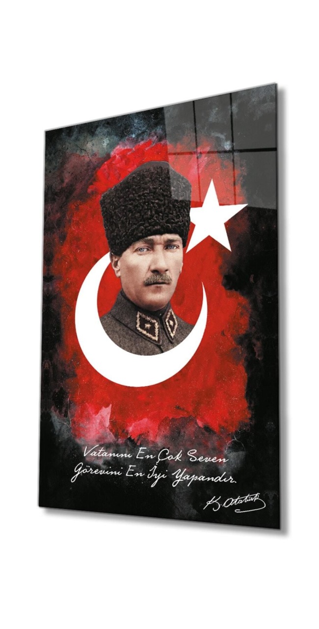 Vatanını En Çok Seven Görevini En İyi Yapandır Atatürk Türk Bayrağı Cam Tablo, Ev Ofis Duvar Dekoru