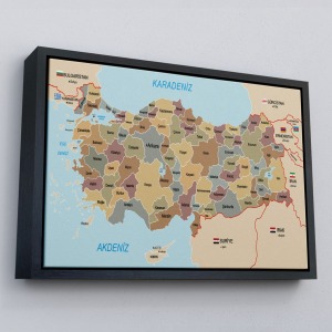 Çerçeveli Türkiye Haritası Kanvas Tablo Sınır Komşulu Eğitici Dekoratif Tablo-3106