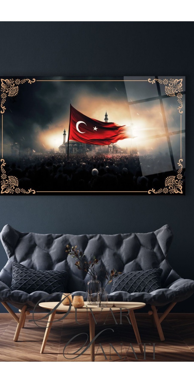 Dalgalanan Türk Bayrağı ve Cami Cam Tablo , Modern Ev Ofis Salon Duvar Dekoru Büyük Tablo ,Hediyelik