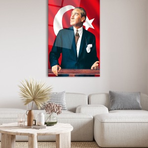 Mustafa Kemal Atatürk ve Türk Bayrağı Dikey Cam Tablo Modern Ev Ofis Salon Hediyelik Büyük Tablo
