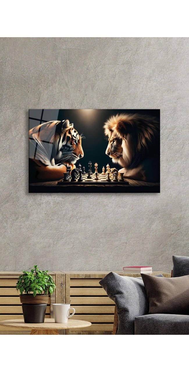 Satranç Ustaları Kaplan vs Aslan Cam Tablo Yapay Zeka Hediyelik Büyük Tablo Ev Ofis Dekoru