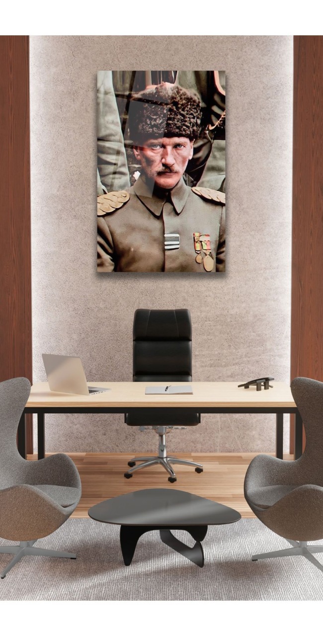 Mustafa Kemal Atatürk Üniformalı Dikey Cam Tablo, Modern Ev Ofis Salon Duvar Dekoru, Hediyelik Tablo