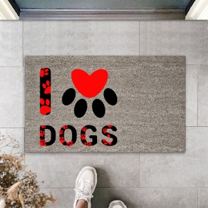 Dijital Baskı Kalitesi Gri Kırmızı Kalpli Patili I Love Dogs Dekoratif Kapı Paspası