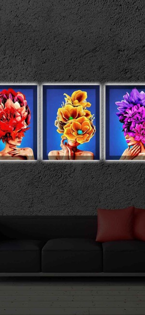 KADIN & ÇİÇEKLER 3LÜ LED IŞIKLI KANVAS TABLO