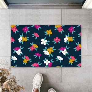 Koyu Pembe Kapı Önü Paspası Çiçekler Desen Ps951