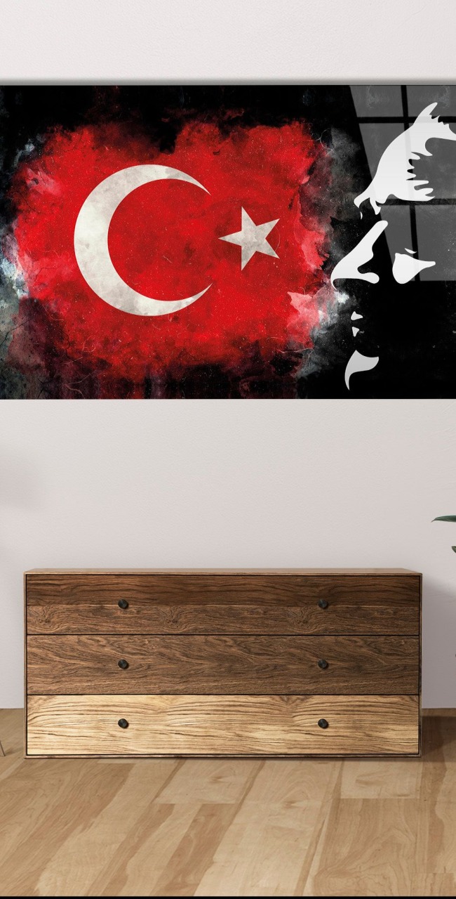 Atatürk Silüetli Türk Bayrağı Cam Tablo Ev Ofis Salon Hediyelik Büyük Boy