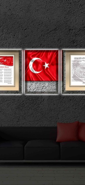 İSTİKLAL MARŞI BAYRAK GENÇLİĞE HİTABE 3LÜ LED IŞIKLI KANVAS TABLO