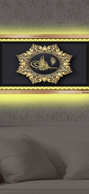 GOLD MOTİFLİ TUĞRA RUSTİK LEDLİ TABLO