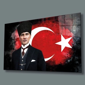 Atatürk ve Ay Yıldız Cam Tablo, Uv Baskılı ve Temperli, Hediyelik