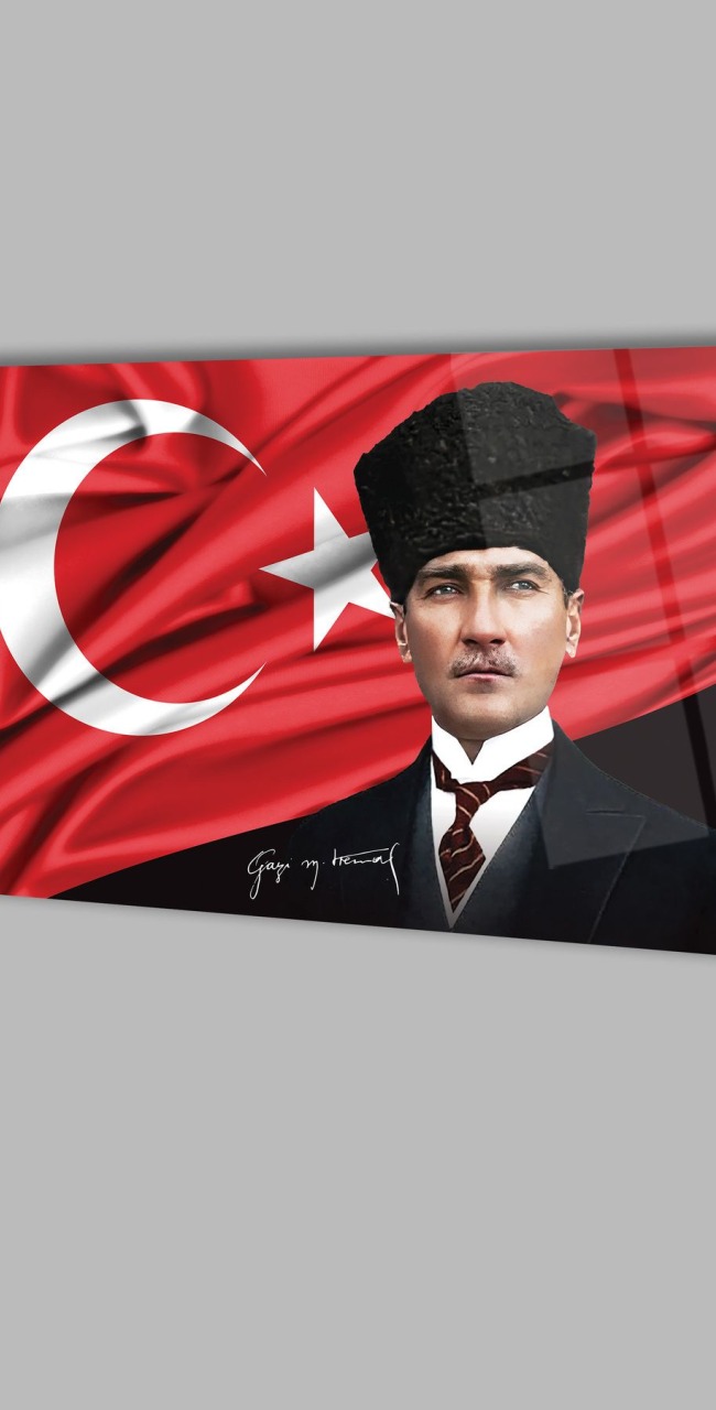 Atatürk Portre ve Türk Bayrağı Yatay Cam Tablo, Modern Duvar Dekoru , Kurum Ofis İş Hediyelik Tablo