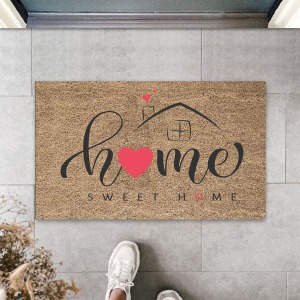 Dekoratif Dijital Home Sweet Home Kalpli Kahve Renk Kapı Paspası Dış Mekan Paspas