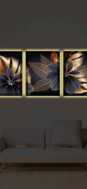 SİYAH VE GOLD ÇİÇEKLER 3LÜ LED IŞIKLI KANVAS TABLO