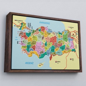 Çerçeveli Türkiye Haritası Kanvas Tablo İl Ve İlçeli Ayrıntılı Eğitici Komşulu Tablo-3012
