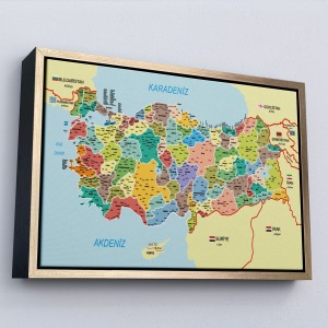 Çerçeveli Türkiye Haritası Kanvas Tablo İl Ve İlçeli Ayrıntılı Eğitici Komşulu Tablo-3006