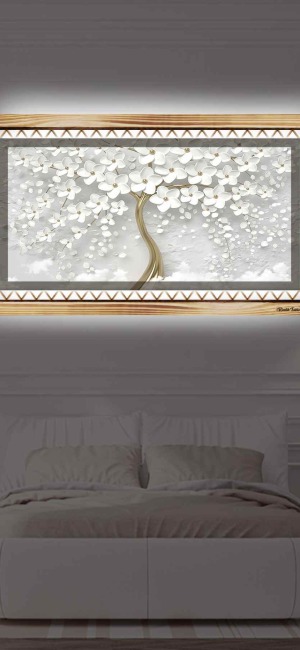 SOFT BEYAZ ÇİÇEKLİ AĞAÇ RUSTİK LEDLİ TABLO