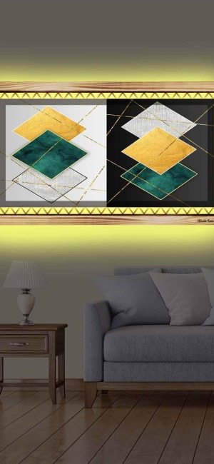 MODERN RENKLİ KARELER RUSTİK LEDLİ TABLO