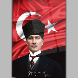 Atatürk Portre ve Türk Bayrağı Dikey Cam Tablo, Modern Duvar Dekoru , Kurum Ofis İş Hediyelik Tablo