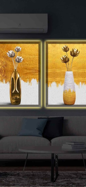 GOLD VE BEYAZ VAZODA ÇİÇİEKLER İKİLİ LED IŞIKLI TABLO