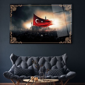 Dalgalanan Türk Bayrağı ve Cami Cam Tablo , Modern Ev Ofis Salon Duvar Dekoru Büyük Tablo ,Hediyelik