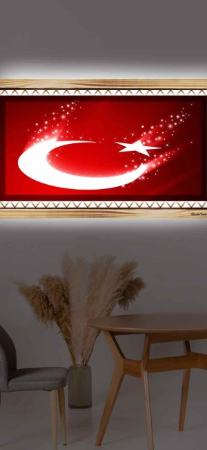 SANATSAL TÜRK BAYRAĞI RUSTİK LEDLİ TABLO