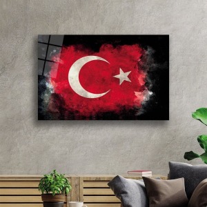 Siyah Fonlu Türk Bayrağı Cam Tablo, Darbelere Dayanıklı Kırılmaz Temperli