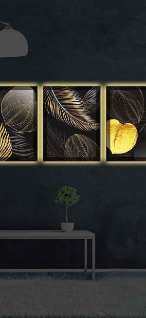 SİYAH GOLD AMBİANS 3LÜ LED IŞIKLI KANVAS TABLO