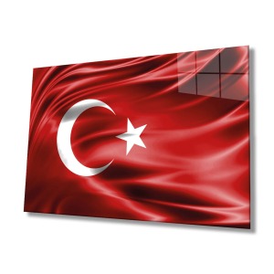 Kırmızı Dalgalı Türk Bayrağı Cam Tablo, Ev ve Ofis Duvar Dekoru, Hediyelik Büyük Temperli Cam Tablo