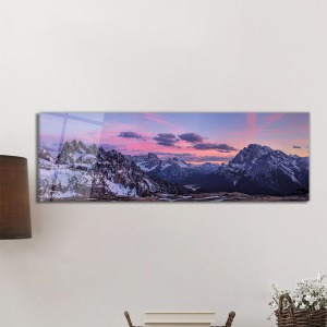 Karlı Dağlar ve Renkli Gökyüzü Panorama Cam Tablo, Darbelere Dayanıklı Kırılmaz Temperli