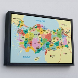 Çerçeveli Türkiye Haritası Kanvas Tablo Sınır Komşulu Eğitici Dekoratif Tablo-3096