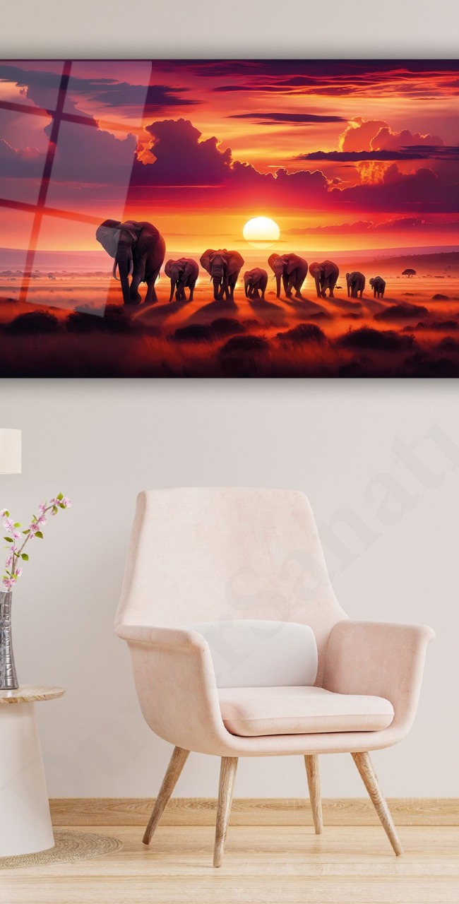 Günbatımı Manzara ve Filler Modern Soyut Cam Tablo Ev Ofis Salon Hediyelik Soyut Büyük Tablo
