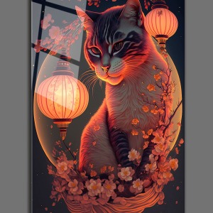 Sevimli Kedi Soyut Tasarım Cam Tablo-Kedi İllüstrasyon Dekoratif Tablo-EvDuvarDekor-4mm Kırılmaz Cam