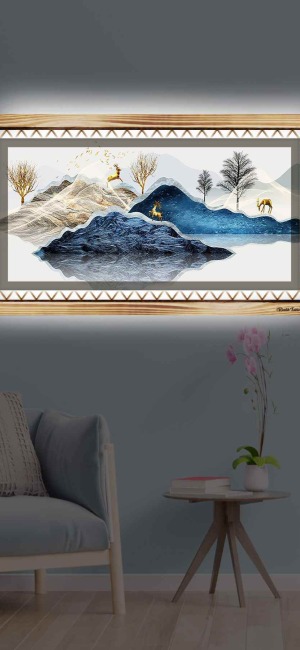 MODA GEYİKLER VE KIŞ RUSTİK LEDLİ TABLO