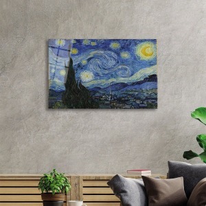 Vincent Van Gogh Yıldızlı Gece Starry Night Sanat Cam Tablo, Temperli Rodajlı Dayanıklı Kırılmaz Cam