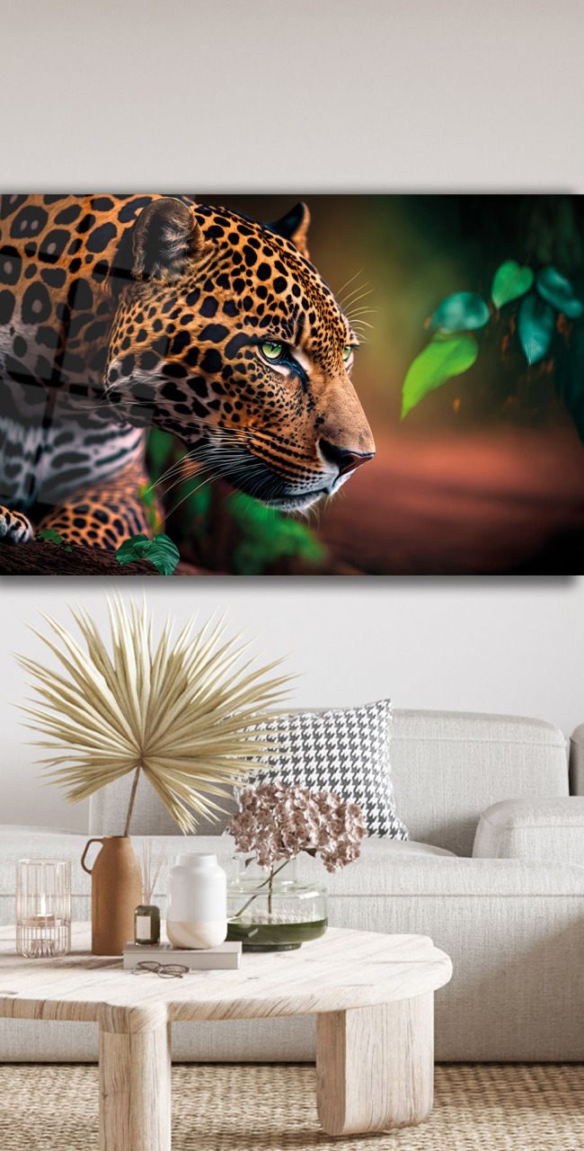 Jaguar Cam Tablo, Aslan Kaplan Ev Ofis Duvar Dekoru, Hediyelik Büyük Cam Tablo
