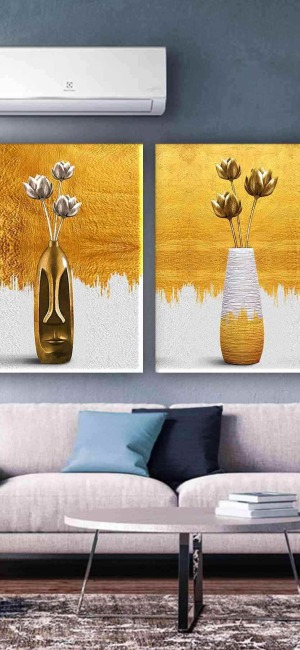 GOLD VE BEYAZ VAZODA ÇİÇİEKLER İKİLİ TABLO