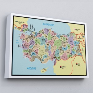 Çerçeveli Türkiye Haritası Kanvas Tablo İl Ve İlçeli Ayrıntılı Eğitici Komşulu Tablo-3016