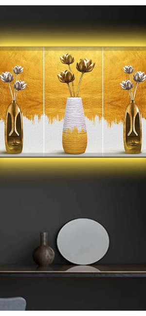 GOLD VE BEYAZ VAZODA ÇİÇEKLER LEDLİ KANVAS TABLO