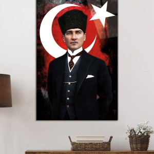 Türk Bayrağı ve Mustafa Kemal Atatürk Portresi Cam Tablo, Darbelere Dayanıklı Kırılmaz Temperli