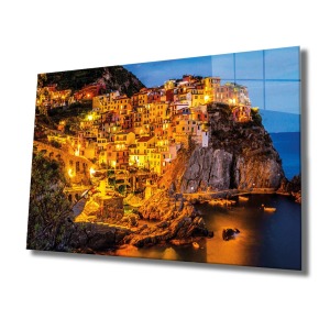 Dağ Işıklı Evler Temalı Modern Uv Dijital Baskı Dekoratif Cam Tablo Mountain Houses
