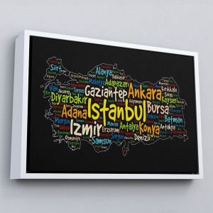 Çerçeveli İller İsimli Siyah Zeminli Dekoratif Kanvas Tablo-1005