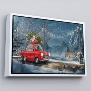 Çerçeveli Noel Baba Ve Küçük Kırmızı Retro Arabası Kanvas Duvar Tablosu-3752