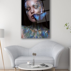 Kadın ve Mavi Kelebek Dikey Cam Tablo, Modern Ev Ofis Salon Duvar Dekoru, Hediyelik Tablo Dekor